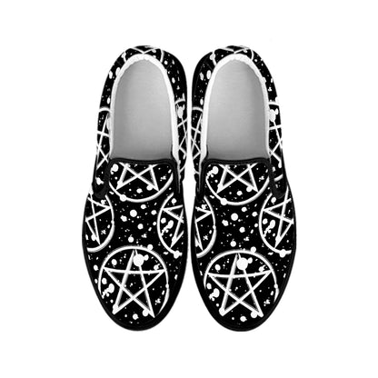 Black And White Wicca Pentagram Print Black Slip On Shoes