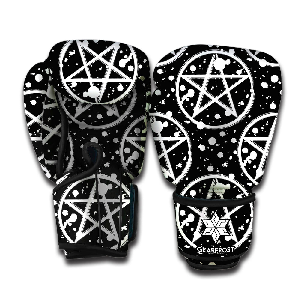 Black And White Wicca Pentagram Print Boxing Gloves