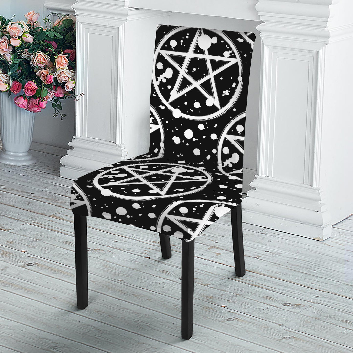 Black And White Wicca Pentagram Print Dining Chair Slipcover