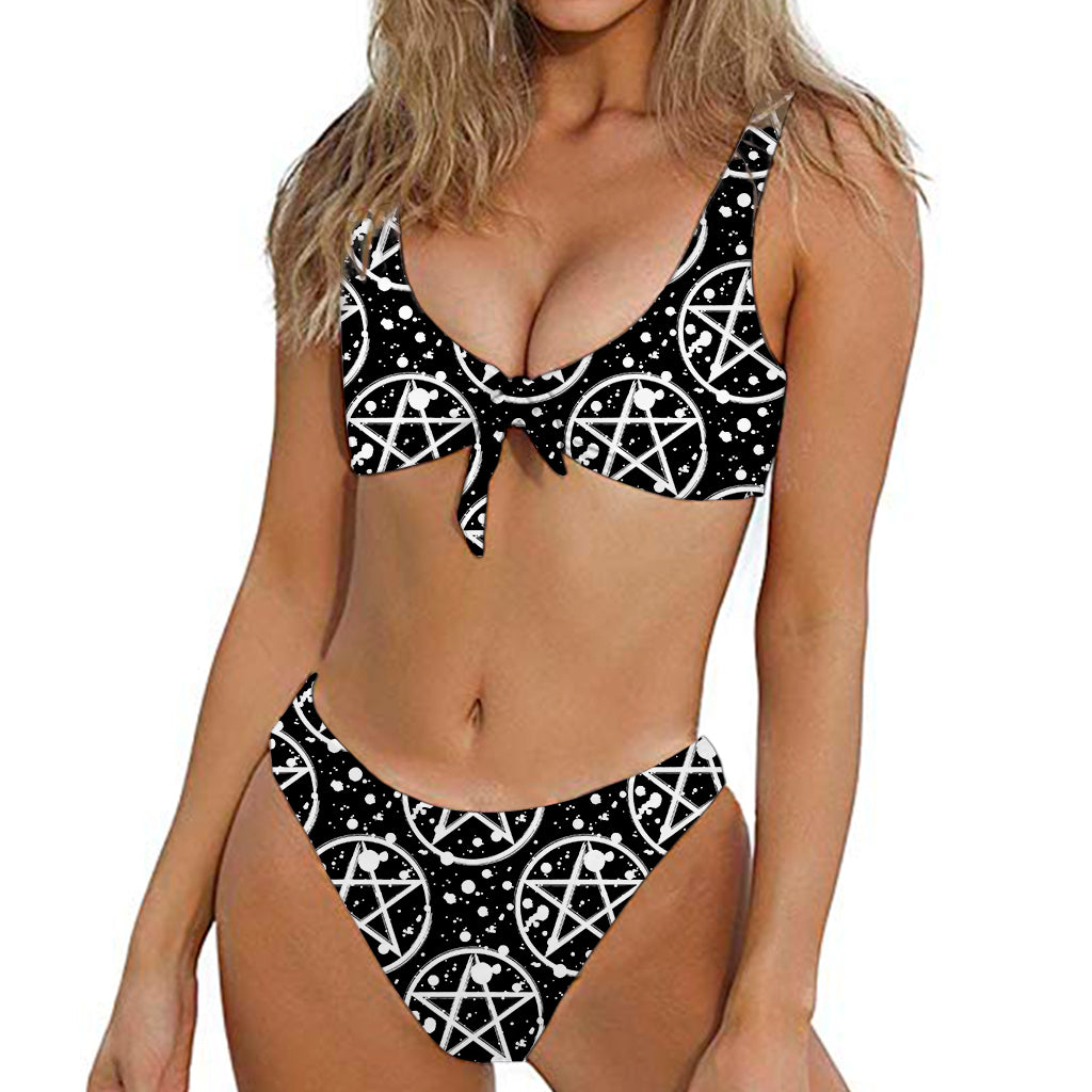Black And White Wicca Pentagram Print Front Bow Tie Bikini