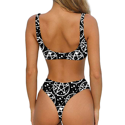 Black And White Wicca Pentagram Print Front Bow Tie Bikini