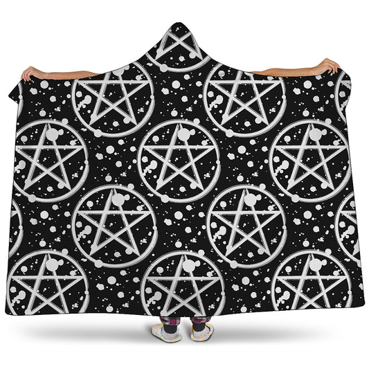 Black And White Wicca Pentagram Print Hooded Blanket