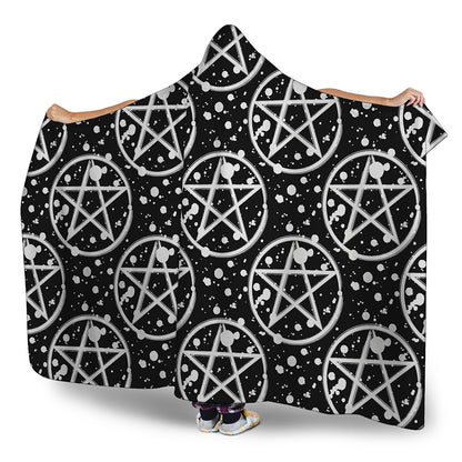 Black And White Wicca Pentagram Print Hooded Blanket