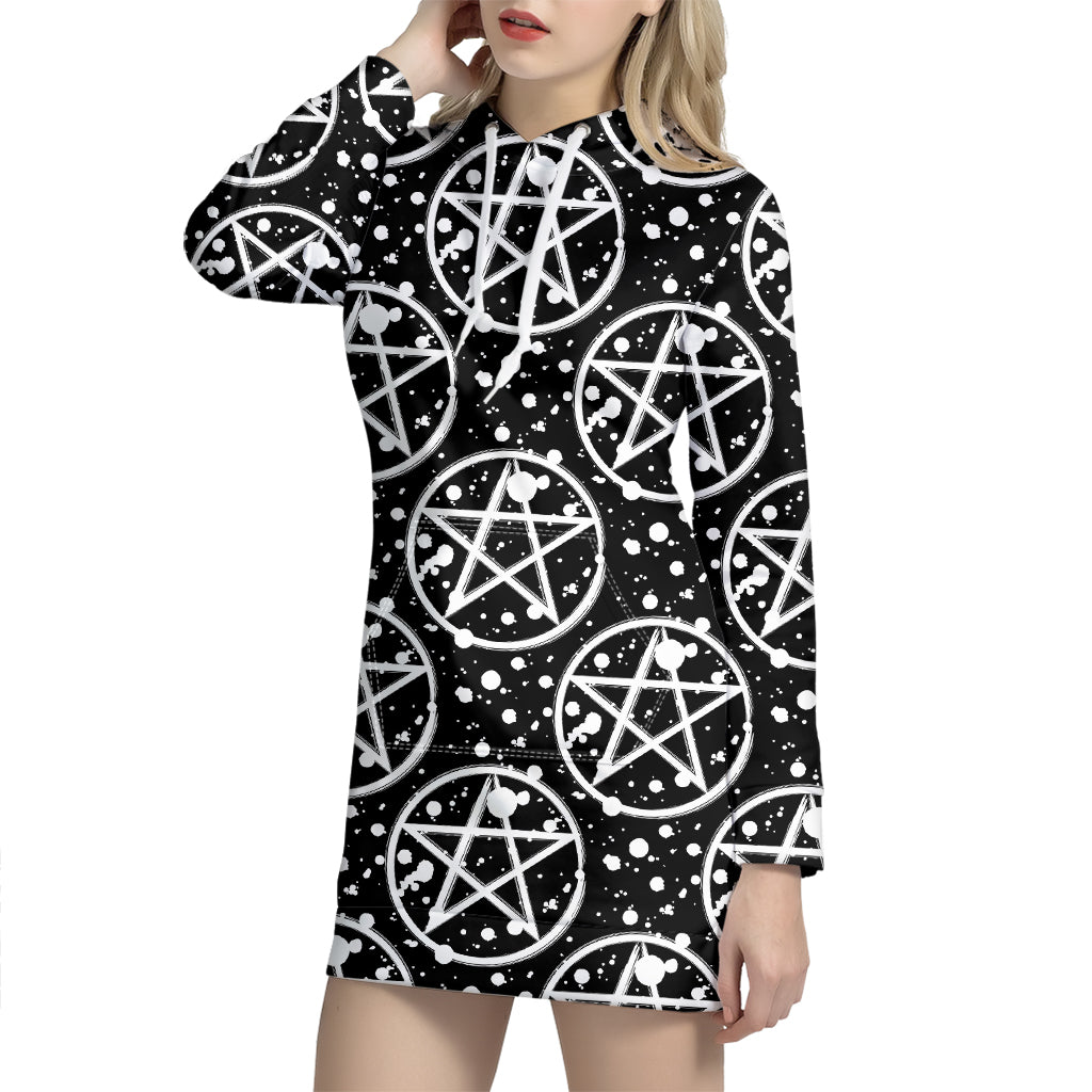 Black And White Wicca Pentagram Print Hoodie Dress