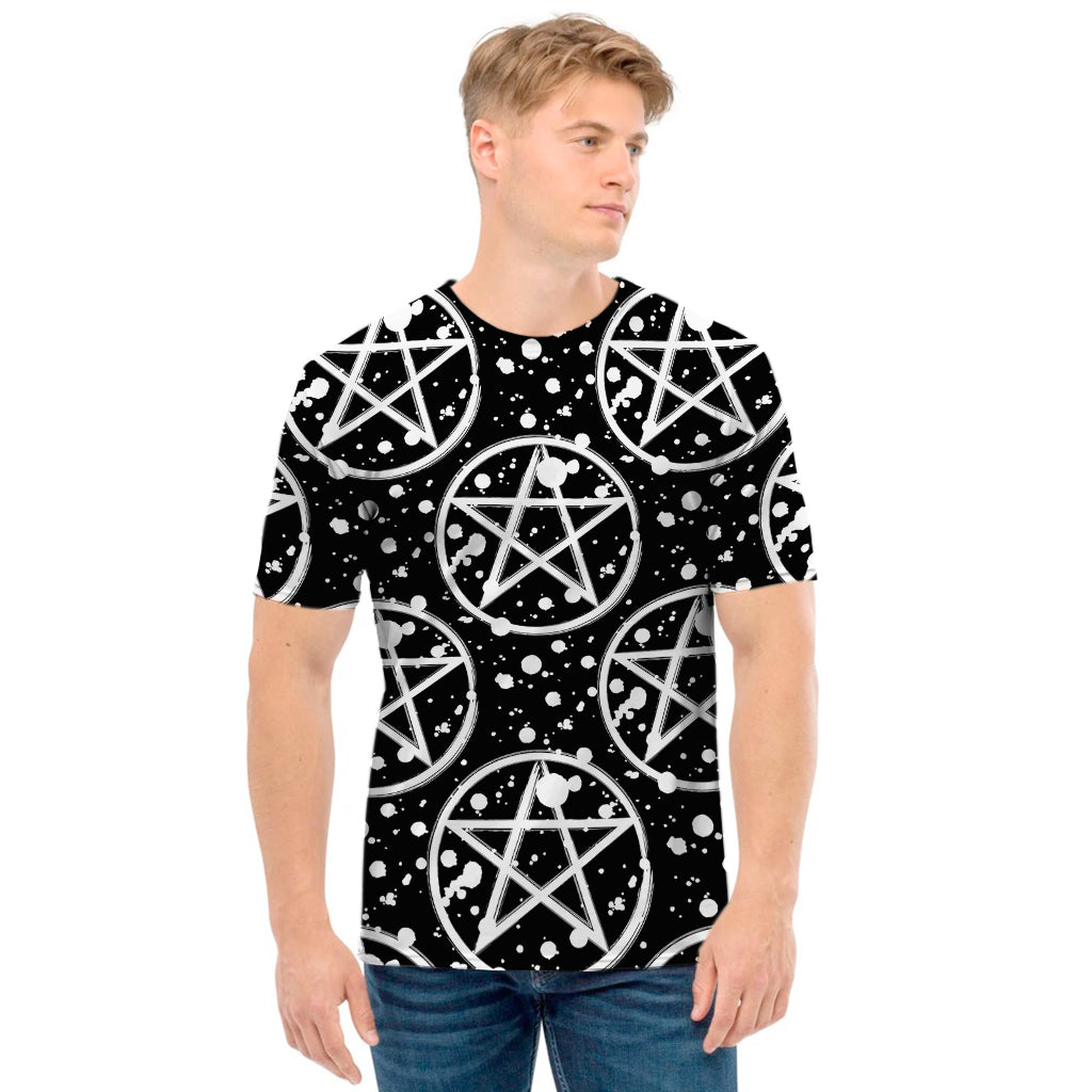 Black And White Wicca Pentagram Print Men's T-Shirt