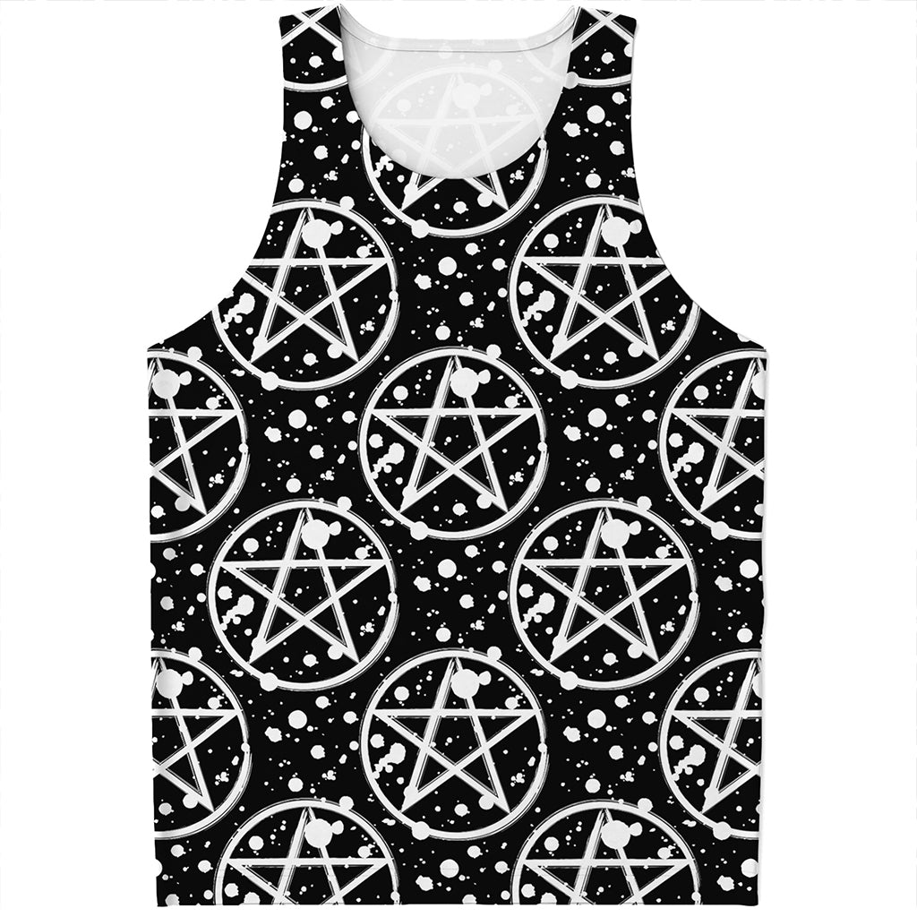 Black And White Wicca Pentagram Print Men's Tank Top