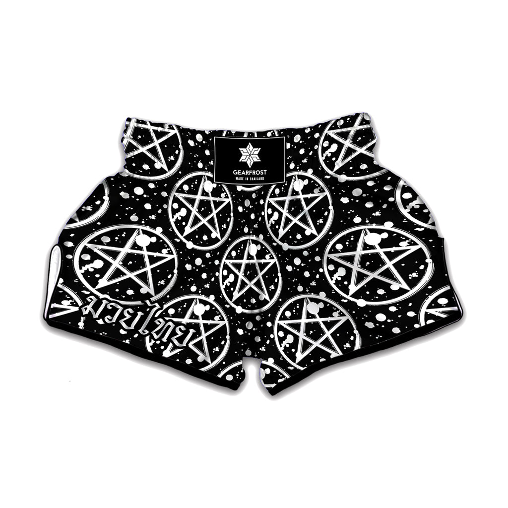 Black And White Wicca Pentagram Print Muay Thai Boxing Shorts
