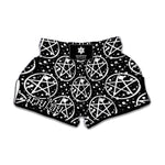 Black And White Wicca Pentagram Print Muay Thai Boxing Shorts
