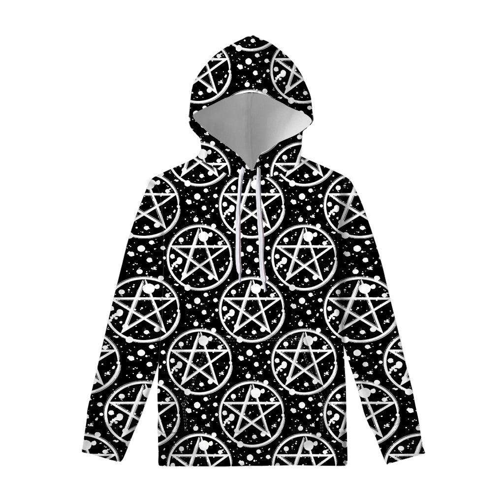 Black And White Wicca Pentagram Print Pullover Hoodie