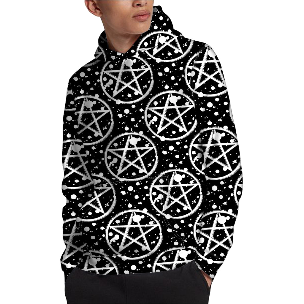Black And White Wicca Pentagram Print Pullover Hoodie