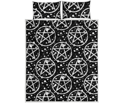 Black And White Wicca Pentagram Print Quilt Bed Set