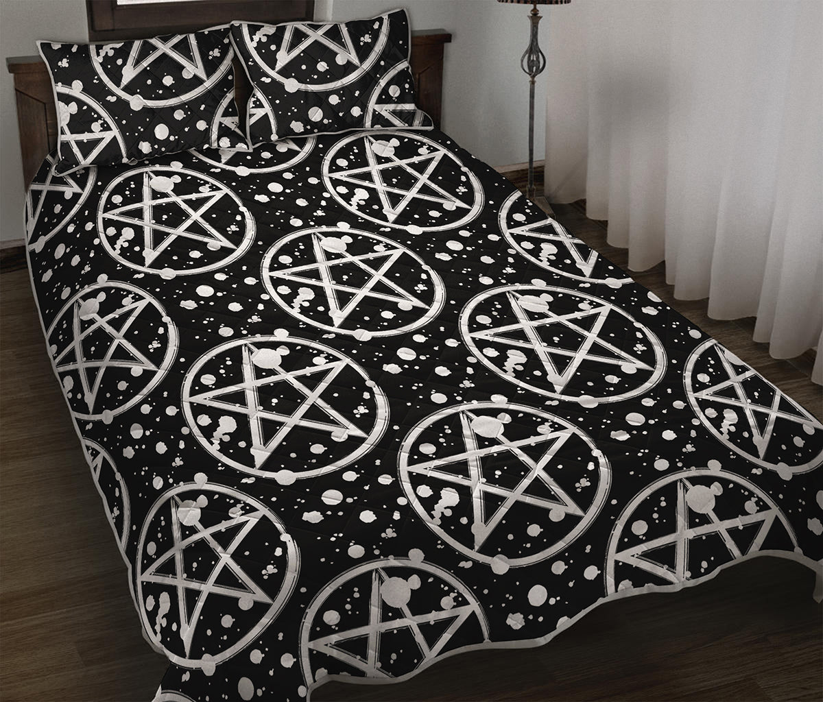 Black And White Wicca Pentagram Print Quilt Bed Set