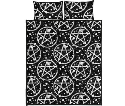 Black And White Wicca Pentagram Print Quilt Bed Set