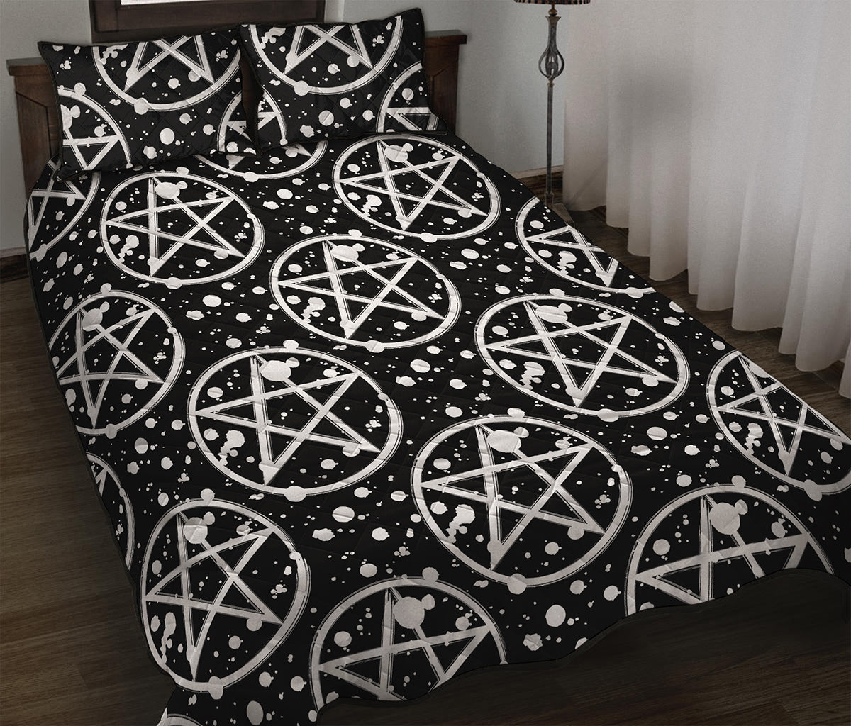 Black And White Wicca Pentagram Print Quilt Bed Set