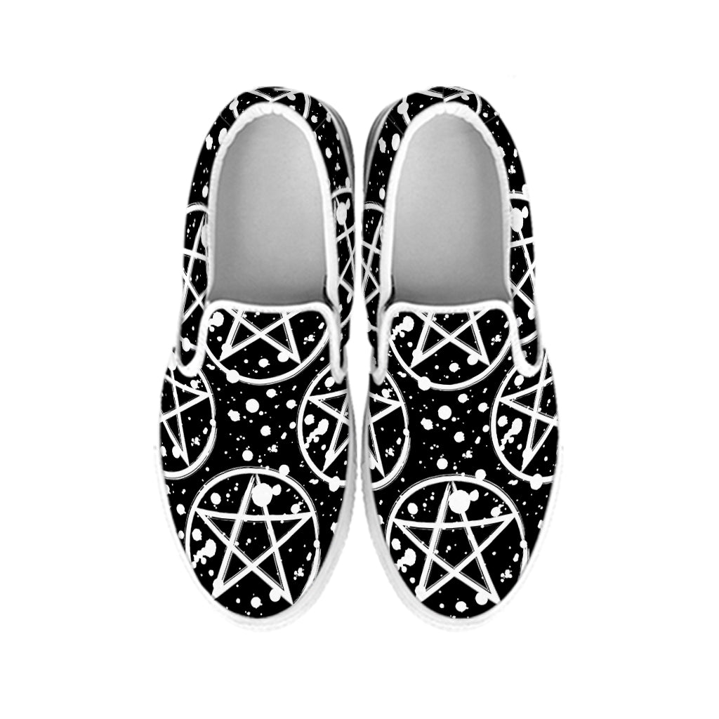 Black And White Wicca Pentagram Print White Slip On Shoes