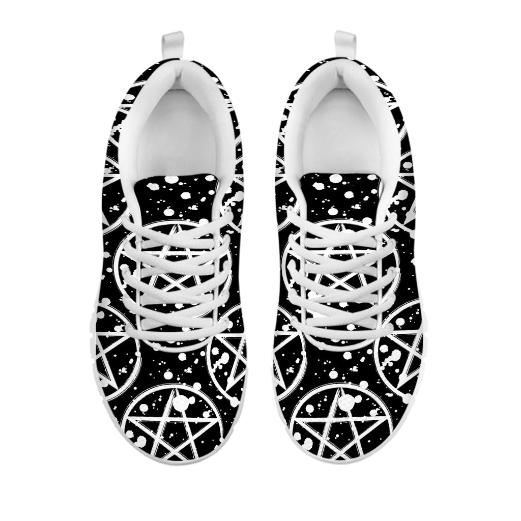 Black And White Wicca Pentagram Print White Sneakers