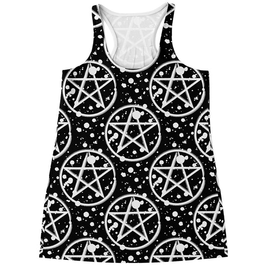 Black And White Wicca Pentagram Print Women's Racerback Tank Top