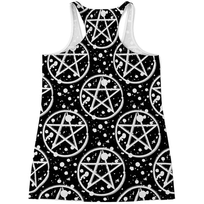 Black And White Wicca Pentagram Print Women's Racerback Tank Top