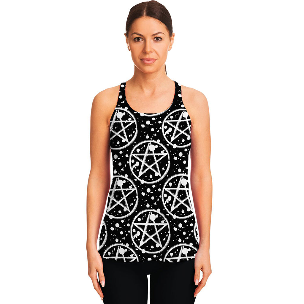 Black And White Wicca Pentagram Print Women's Racerback Tank Top