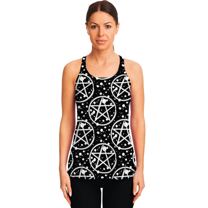 Black And White Wicca Pentagram Print Women's Racerback Tank Top
