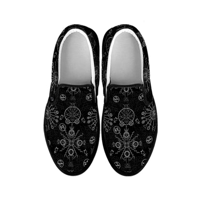Black And White Wiccan Mystic Print Black Slip On Shoes