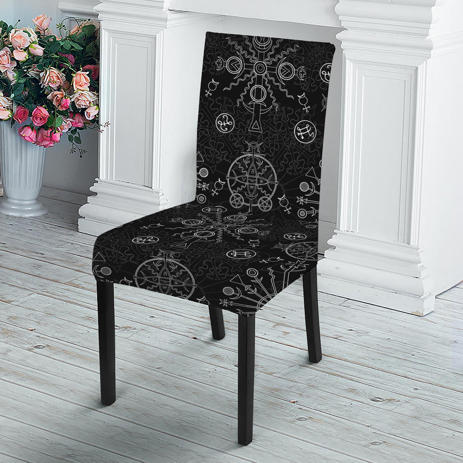 Black And White Wiccan Mystic Print Dining Chair Slipcover