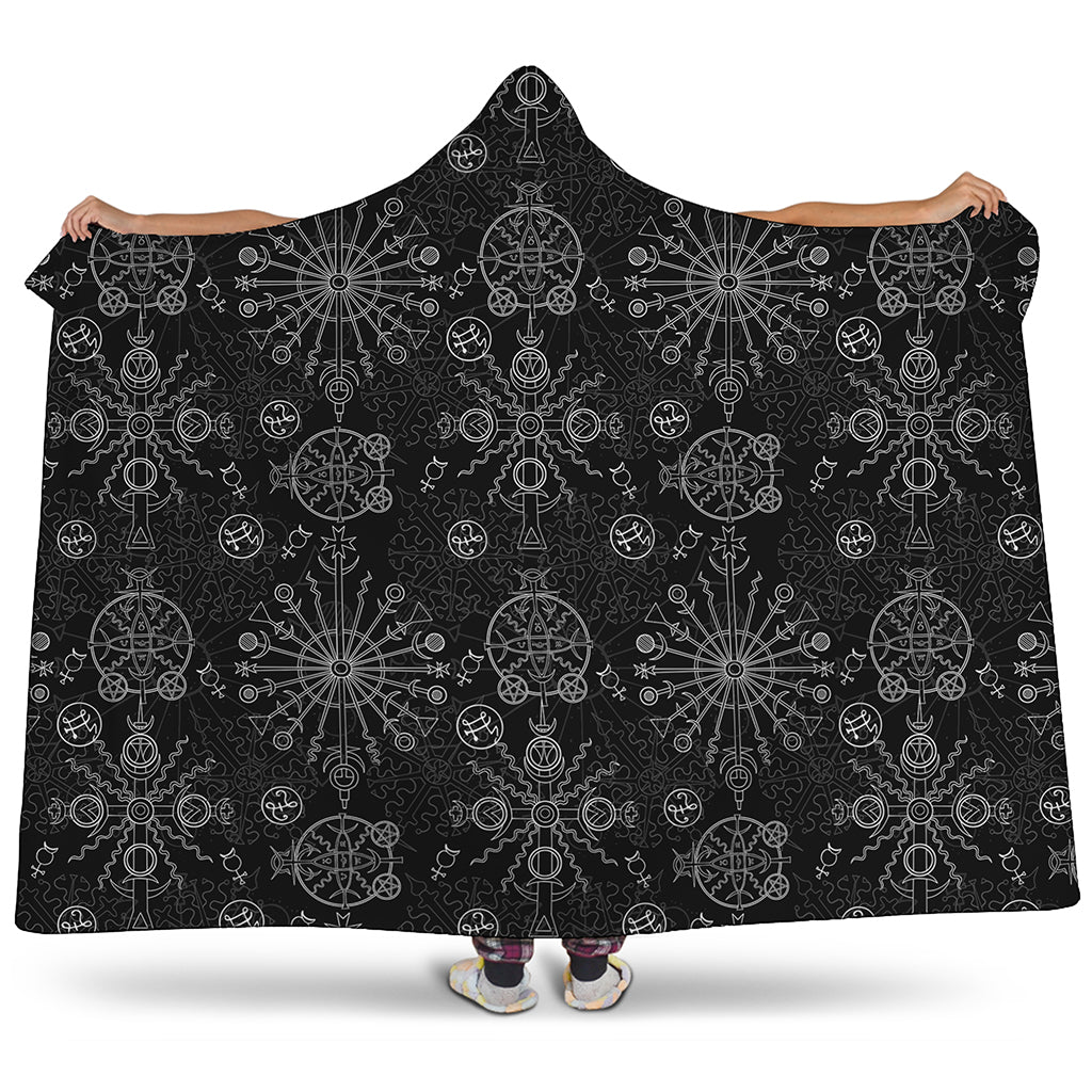 Black And White Wiccan Mystic Print Hooded Blanket