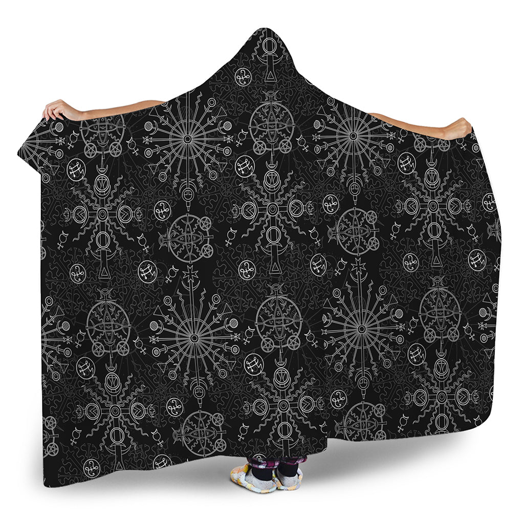 Black And White Wiccan Mystic Print Hooded Blanket