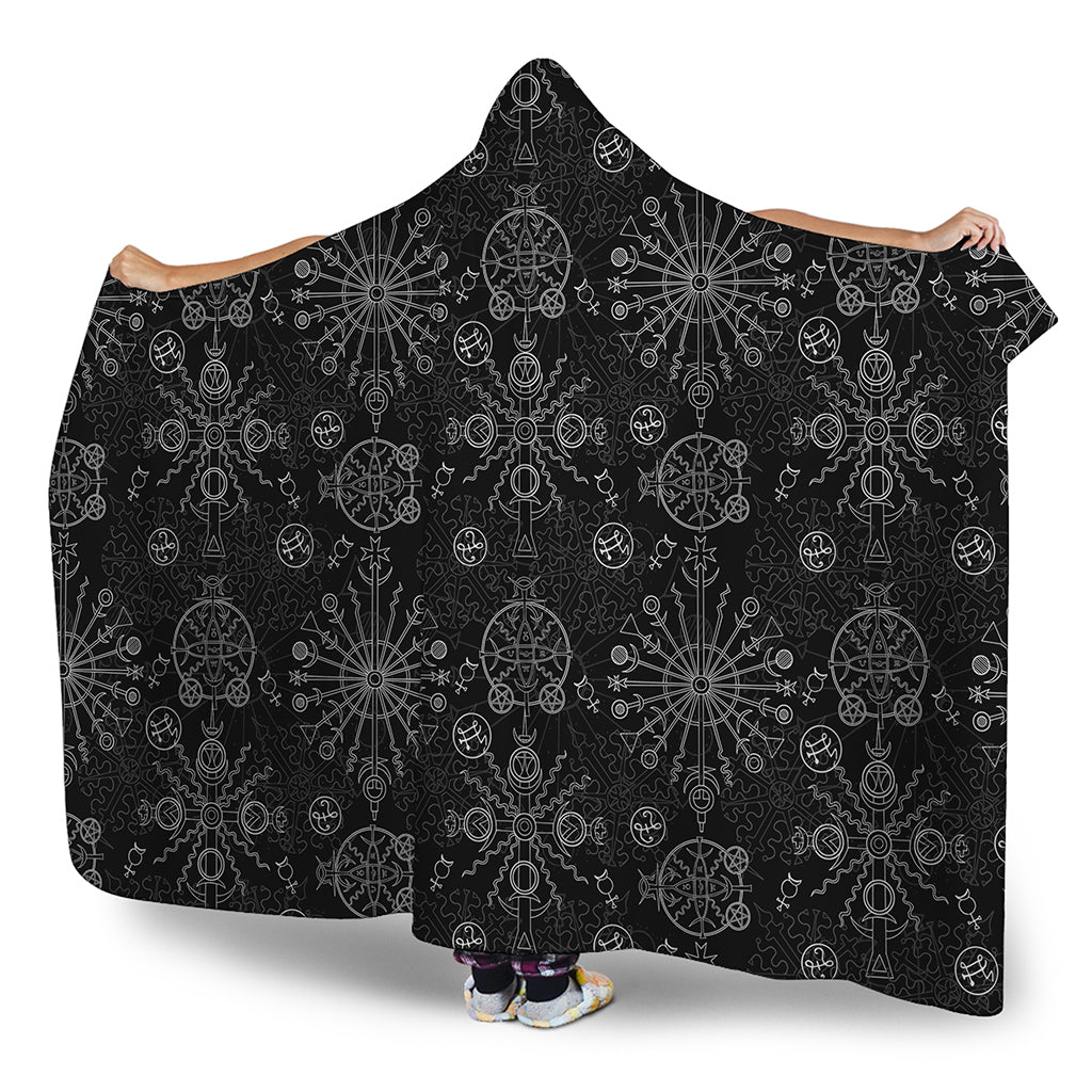 Black And White Wiccan Mystic Print Hooded Blanket