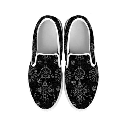 Black And White Wiccan Mystic Print White Slip On Shoes