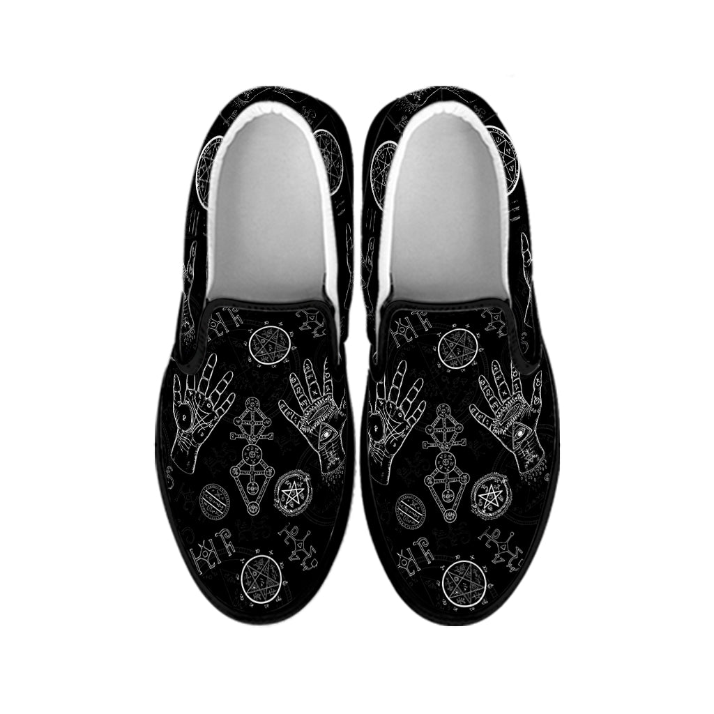 Black And White Wiccan Palmistry Print Black Slip On Shoes