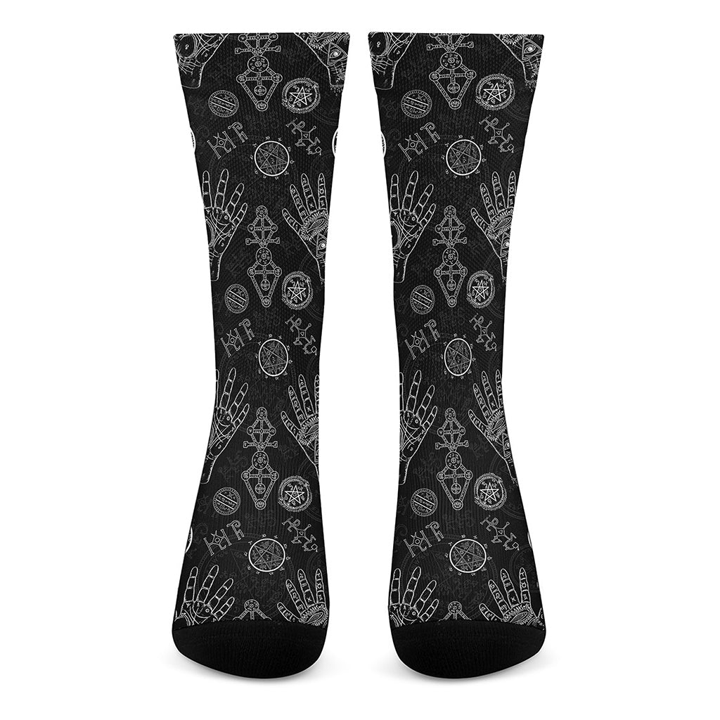 Black And White Wiccan Palmistry Print Crew Socks