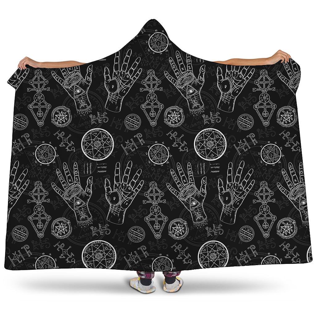Black And White Wiccan Palmistry Print Hooded Blanket