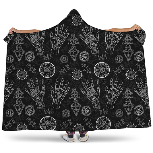 Black And White Wiccan Palmistry Print Hooded Blanket