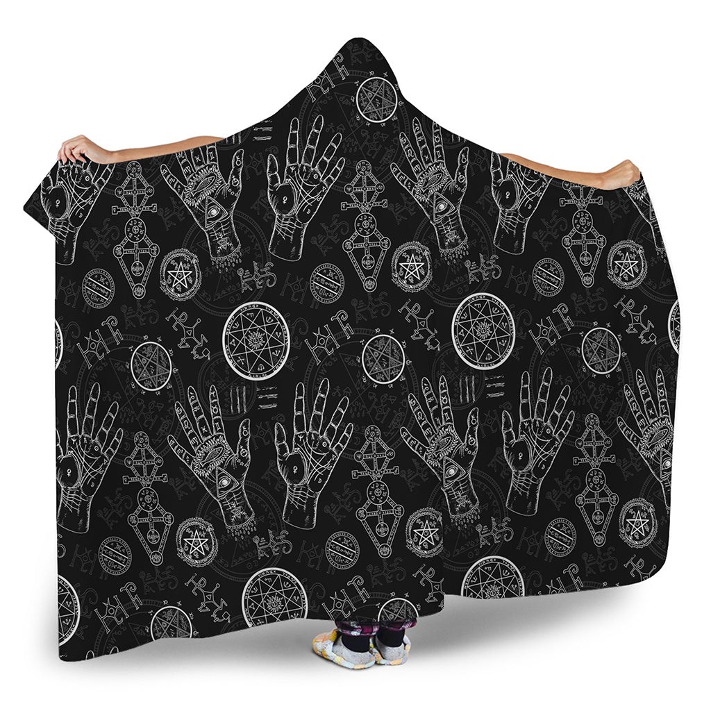 Black And White Wiccan Palmistry Print Hooded Blanket