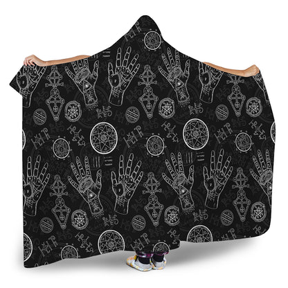 Black And White Wiccan Palmistry Print Hooded Blanket