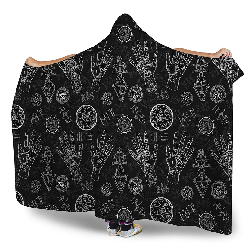 Black And White Wiccan Palmistry Print Hooded Blanket