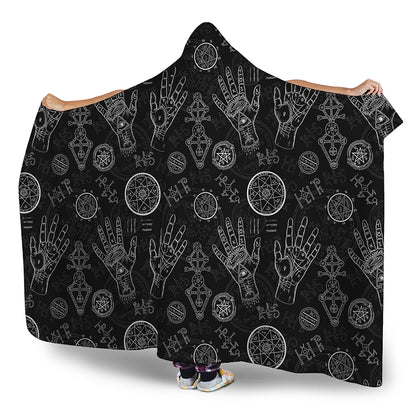 Black And White Wiccan Palmistry Print Hooded Blanket