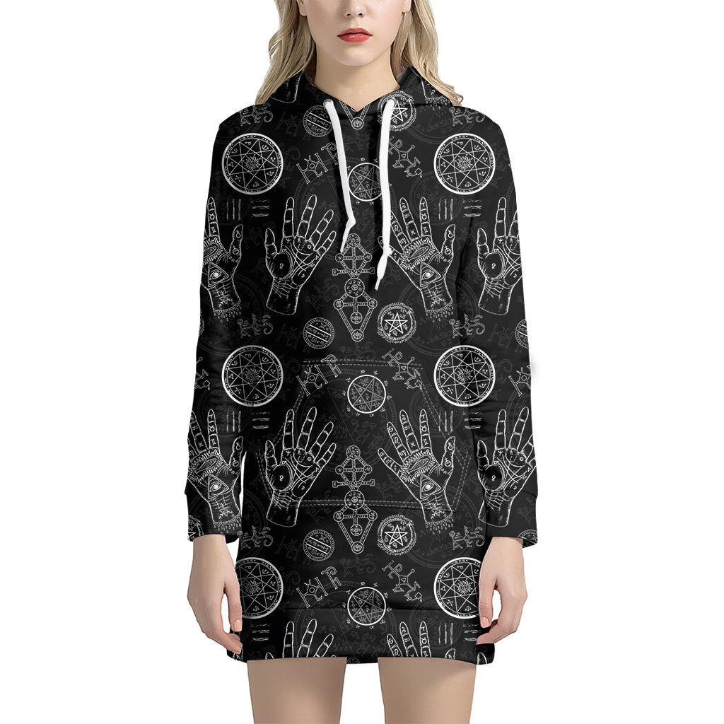Black And White Wiccan Palmistry Print Hoodie Dress