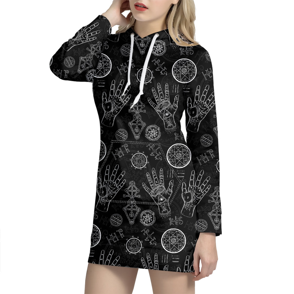 Black And White Wiccan Palmistry Print Hoodie Dress