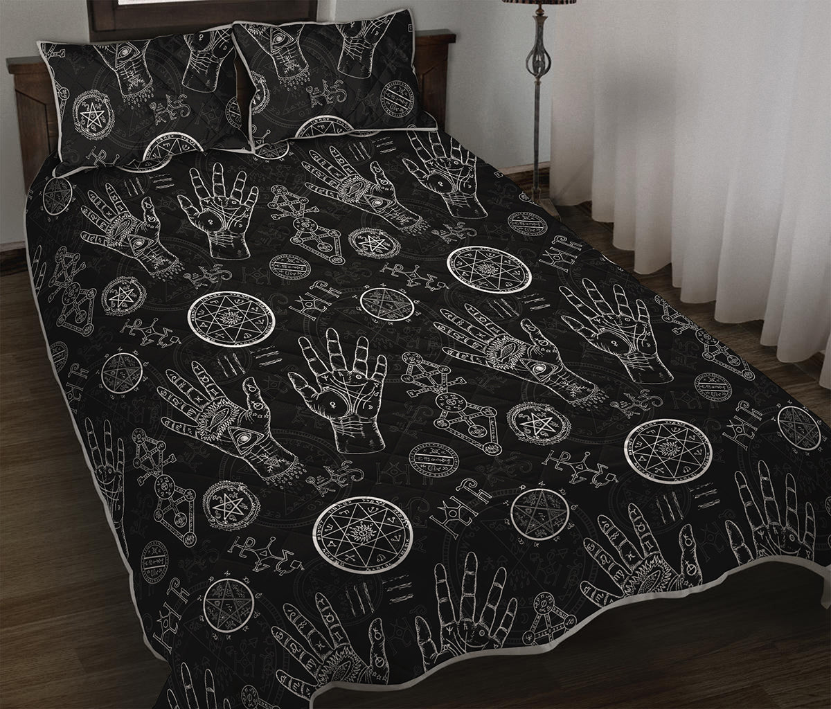 Black And White Wiccan Palmistry Print Quilt Bed Set