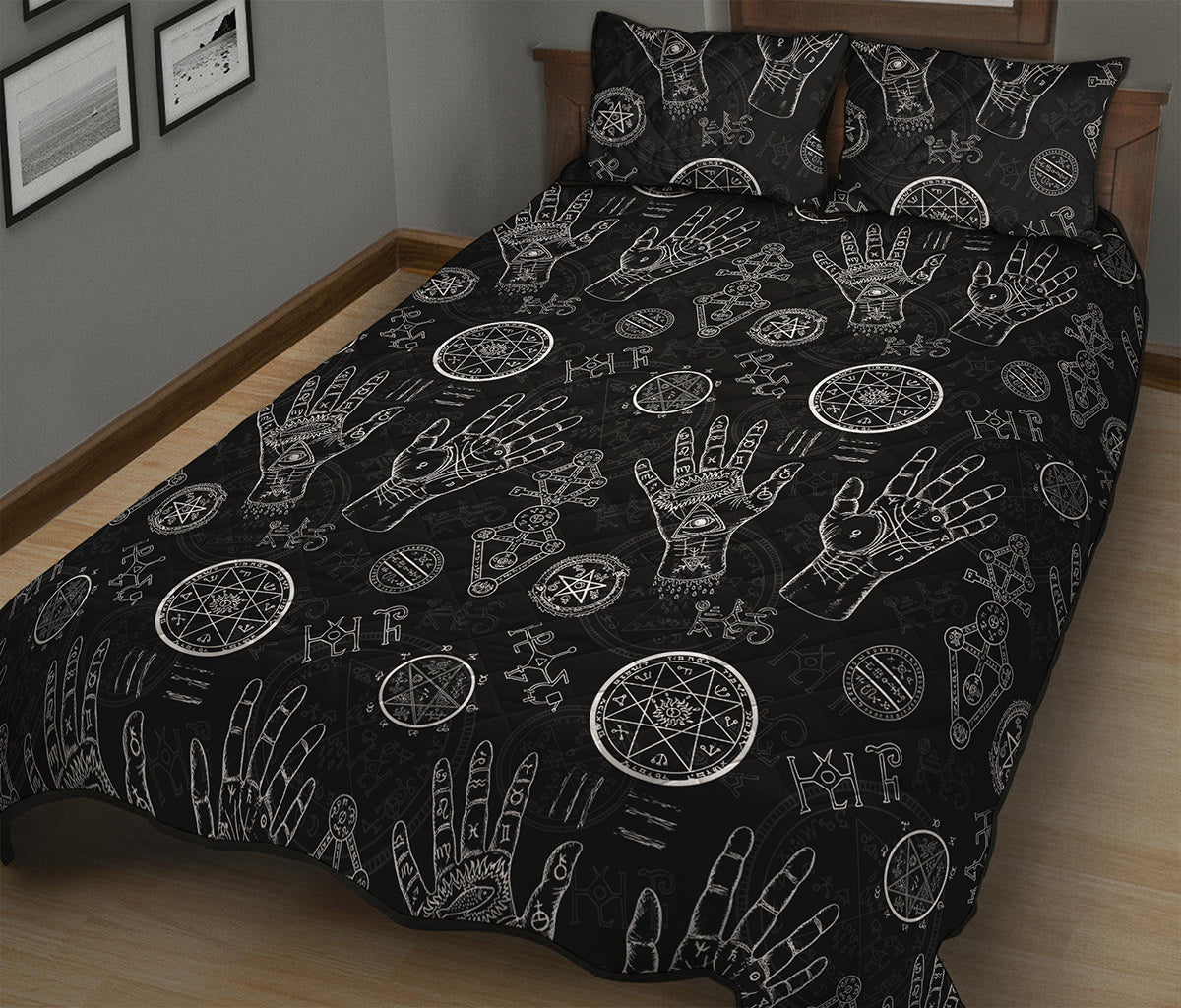 Black And White Wiccan Palmistry Print Quilt Bed Set
