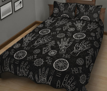 Black And White Wiccan Palmistry Print Quilt Bed Set
