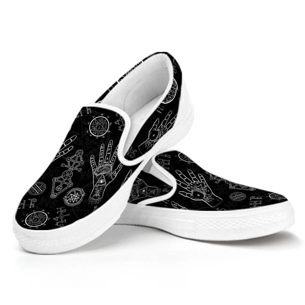 Black And White Wiccan Palmistry Print White Slip On Shoes