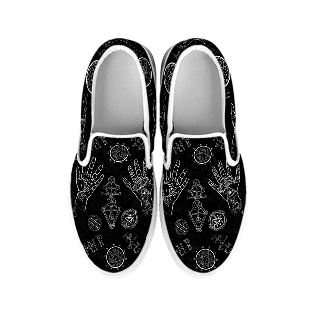 Black And White Wiccan Palmistry Print White Slip On Shoes