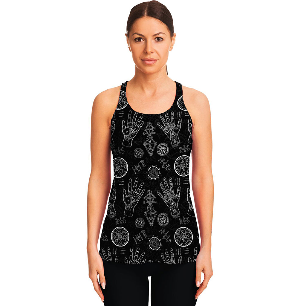 Black And White Wiccan Palmistry Print Women's Racerback Tank Top
