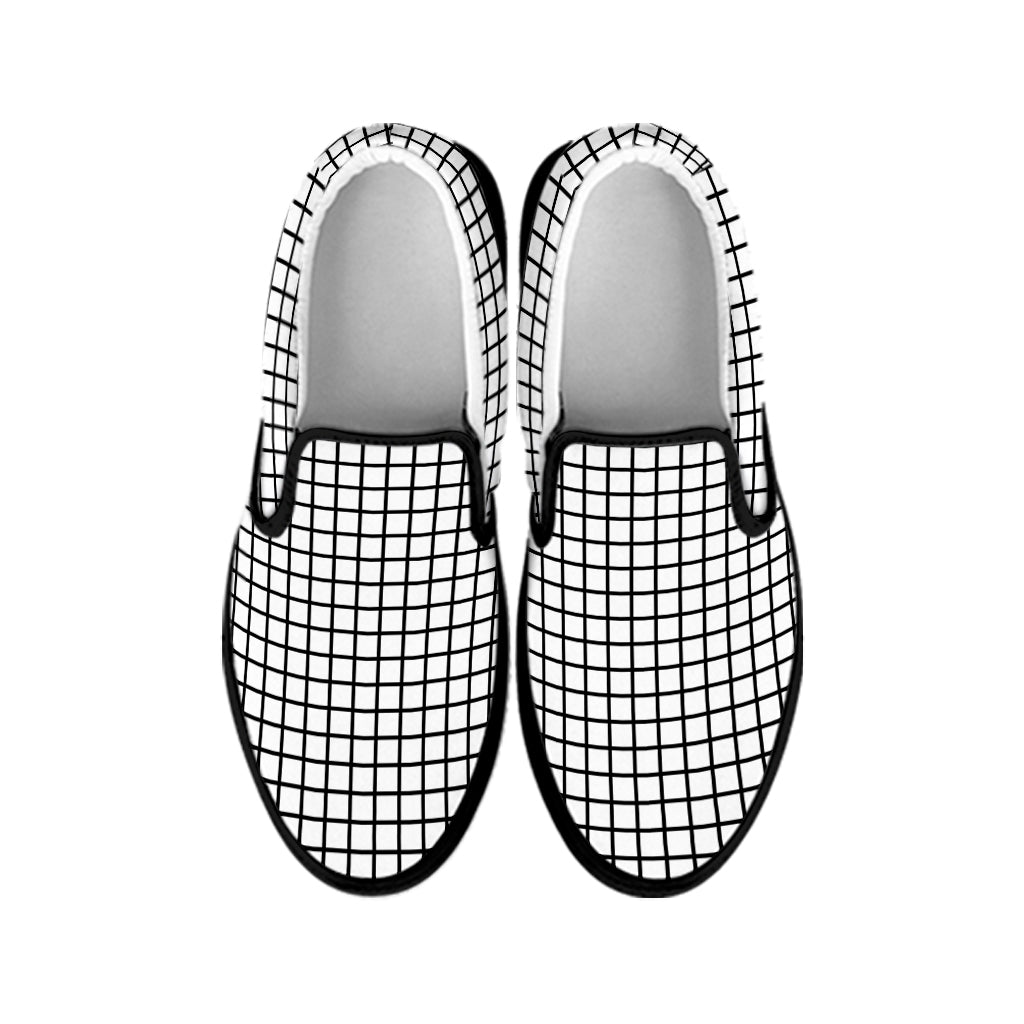 Black And White Windowpane Pattern Print Black Slip On Shoes
