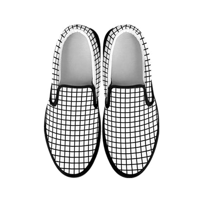 Black And White Windowpane Pattern Print Black Slip On Shoes