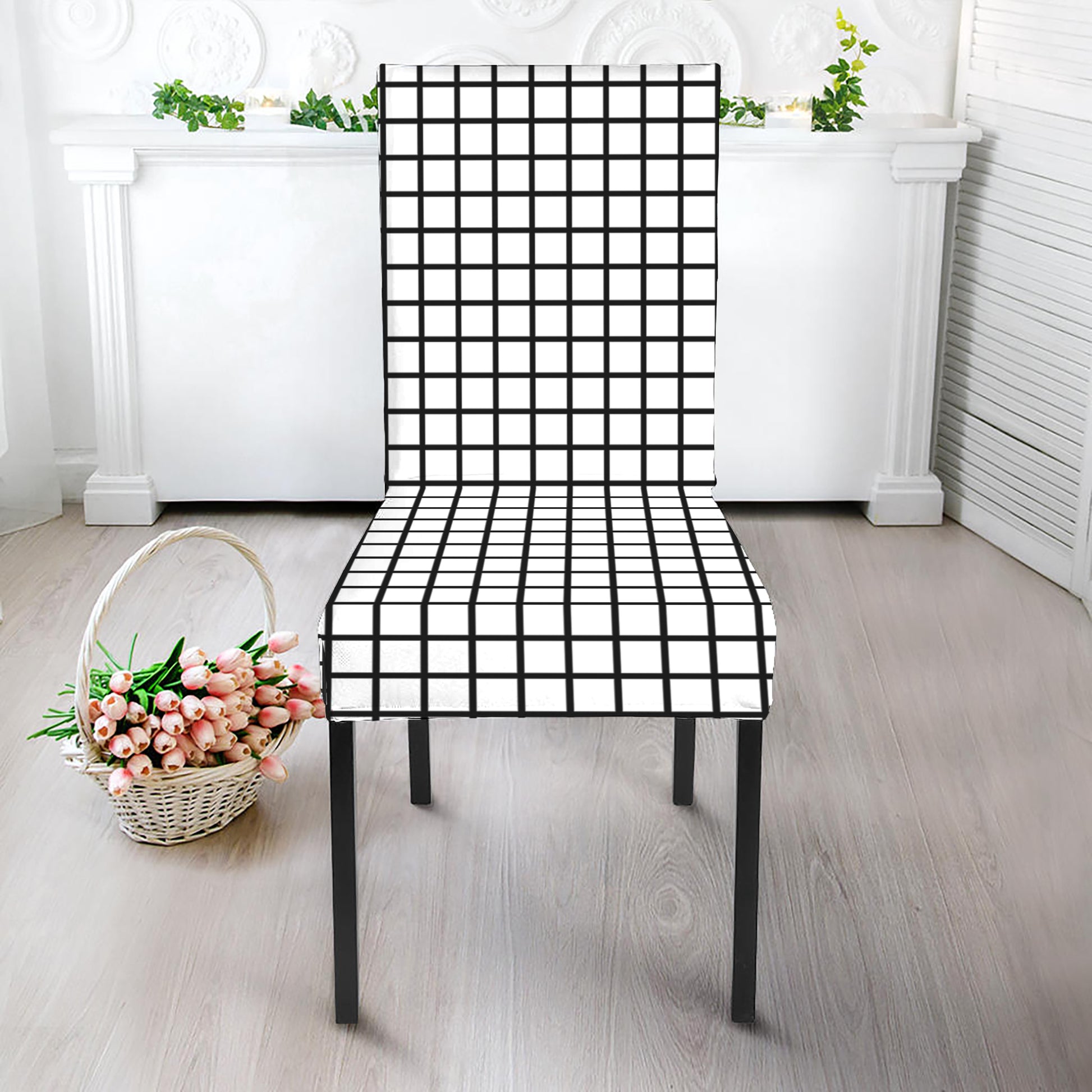 Black And White Windowpane Pattern Print Dining Chair Slipcover