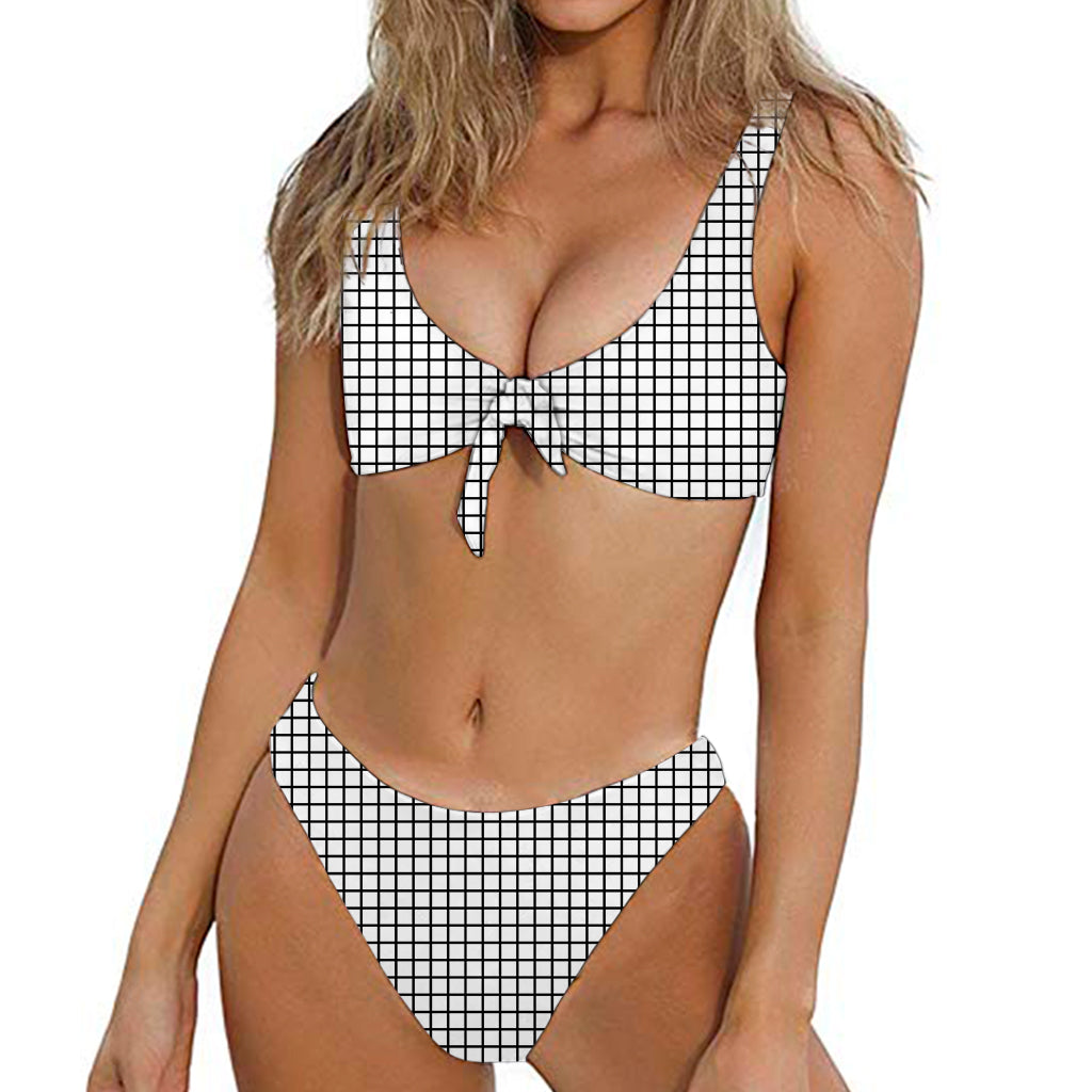 Black And White Windowpane Pattern Print Front Bow Tie Bikini